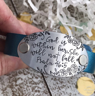 God Is Within Her, She Will Not Fall Leather Cuff Bracelet