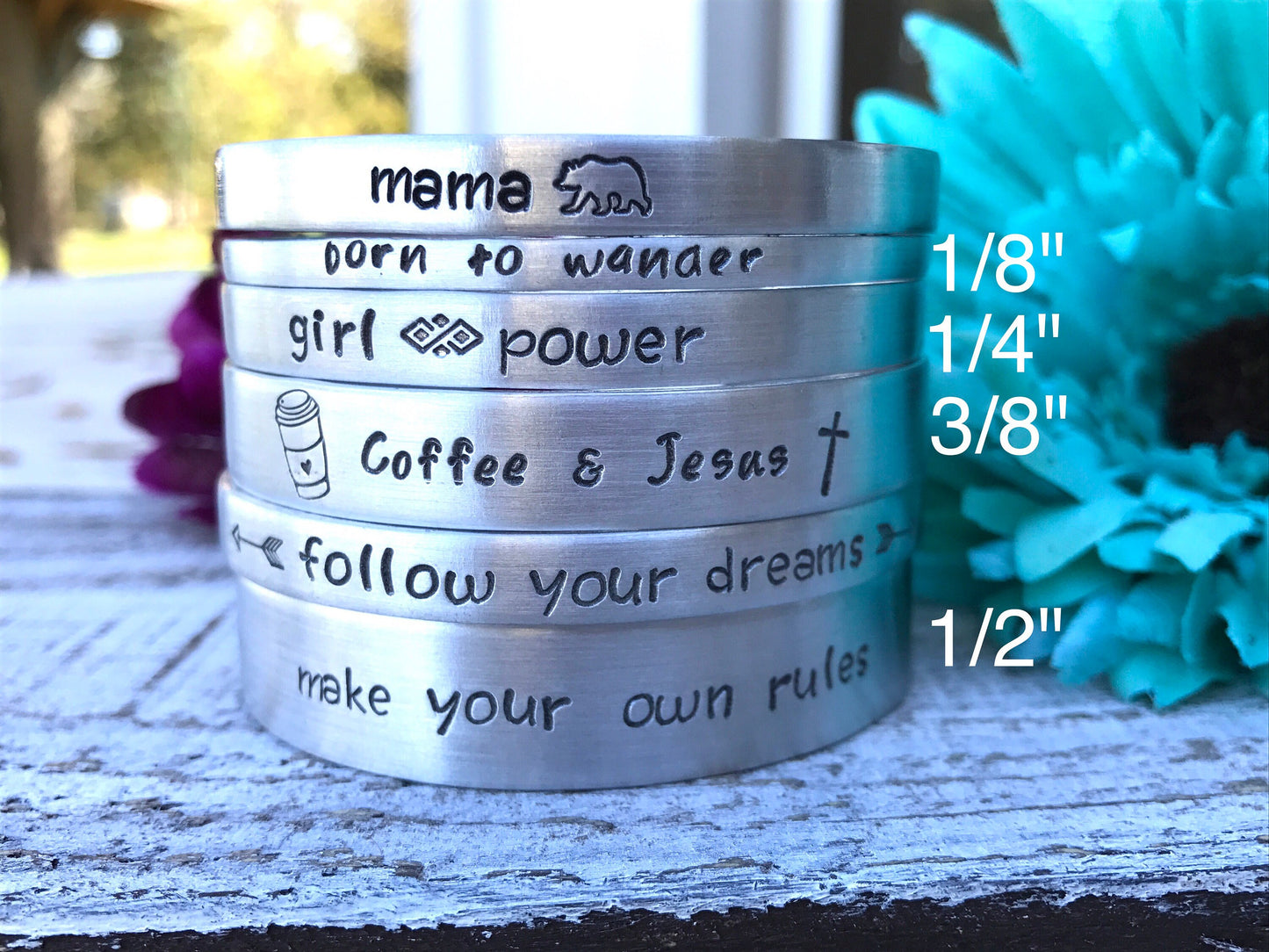 Follow your heart--hand stamped mantra cuff bracelet--customizable--daily reminder--strong woman--skinny silver--be your own person