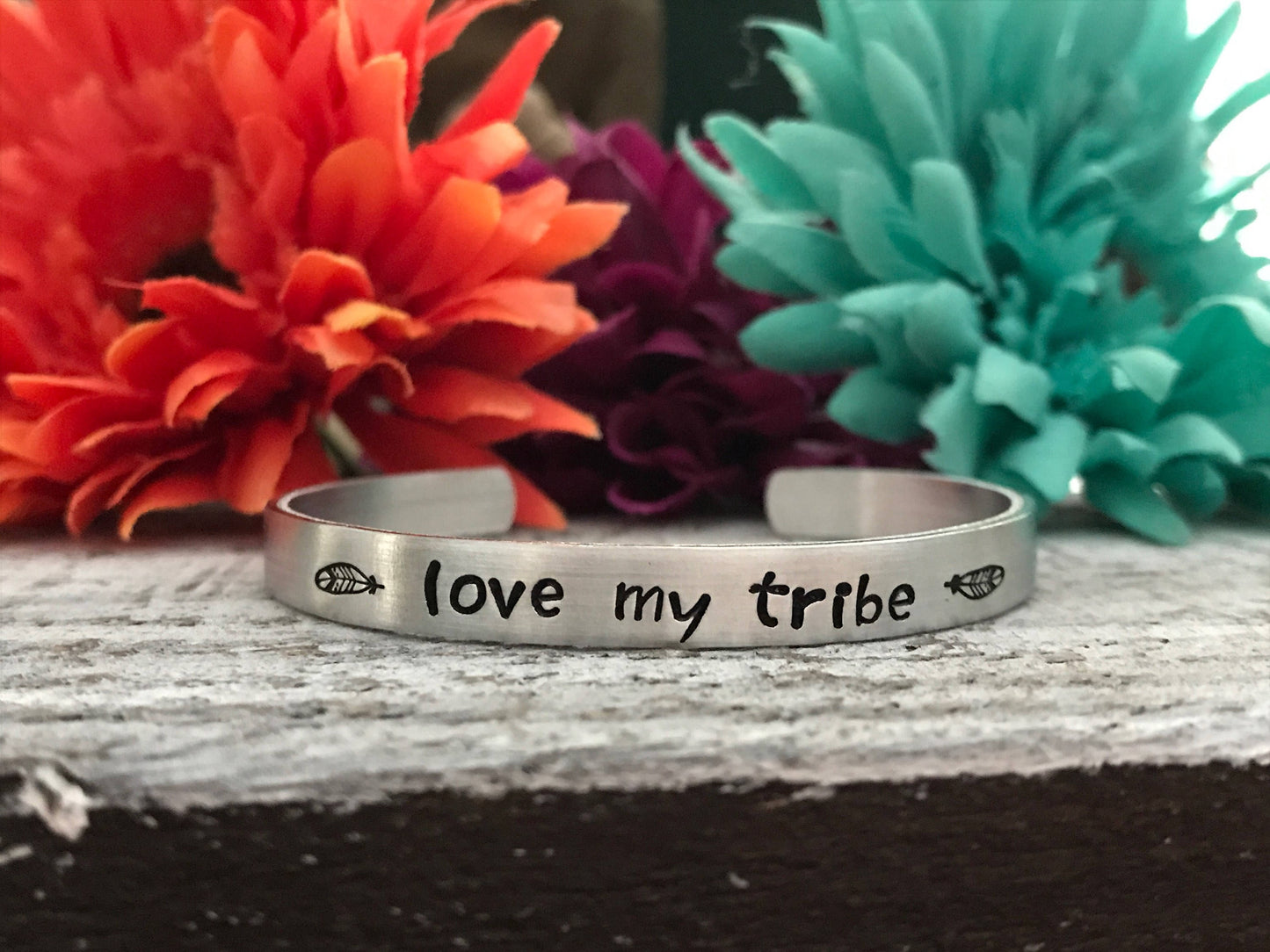 LOVE MY TRIBE--handstamped skinny silver cuff bracelet--strong woman--friend gift--mom jewelry--proud mom--feathers--daily reminder--mantra