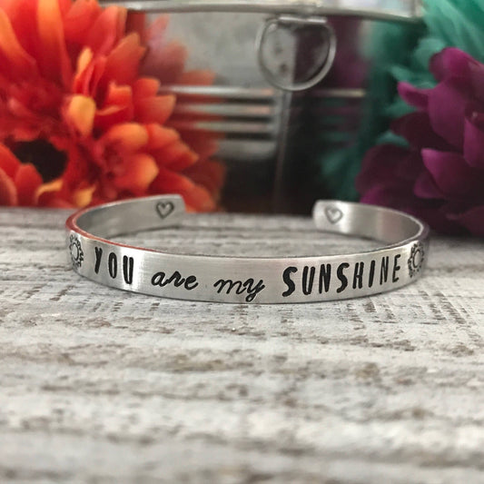 YOU ARE MY sunshine bracelet--hand stamped--mantra cuff bracelet --customizable--inspirational--skinny silver cuff bracelet--valentines day