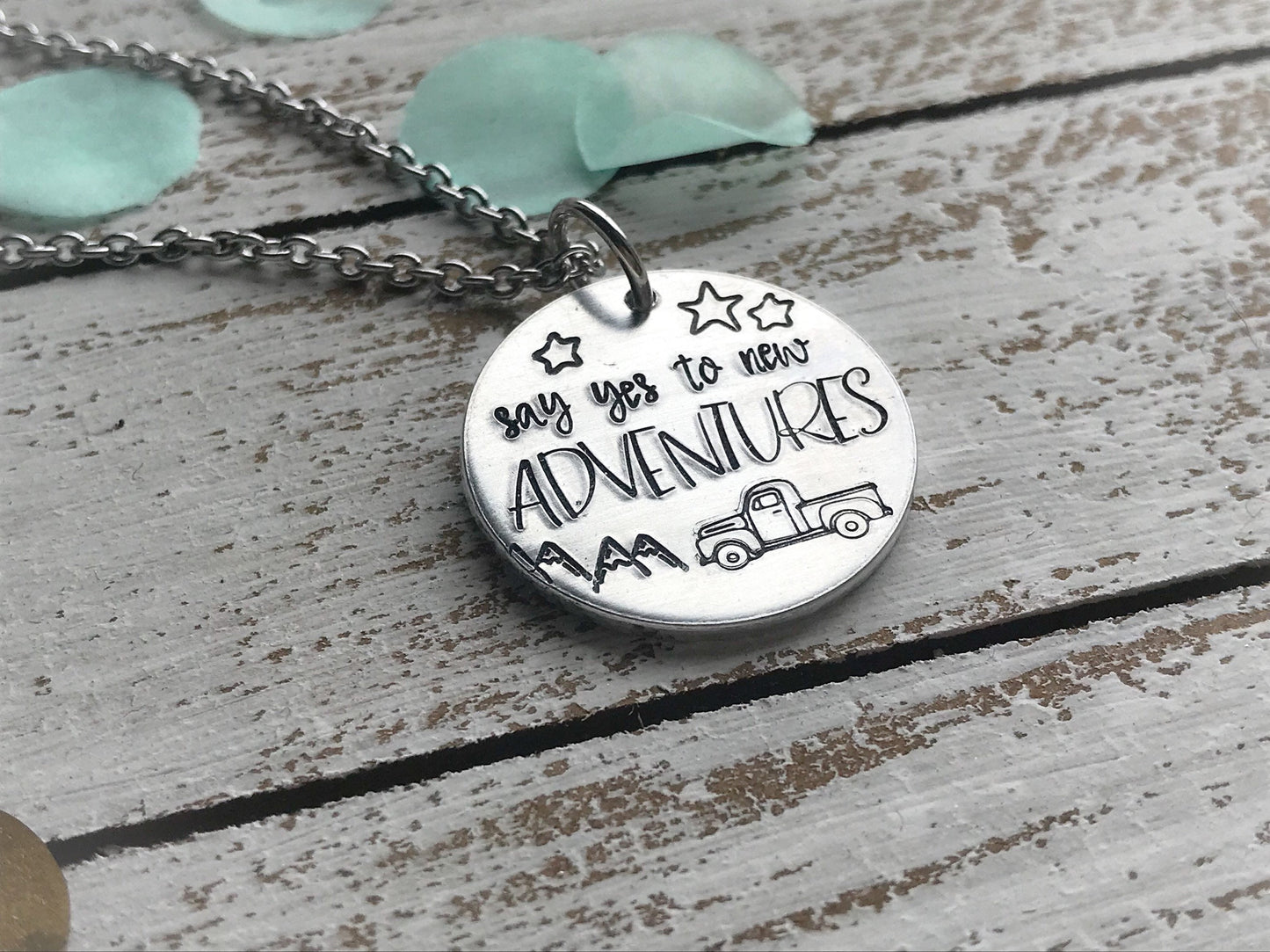 Say yes to new ADVENTURES necklace--hand stamped--mountain jewelry--outdoor--adventure--encouragement--inspirational--friend gift