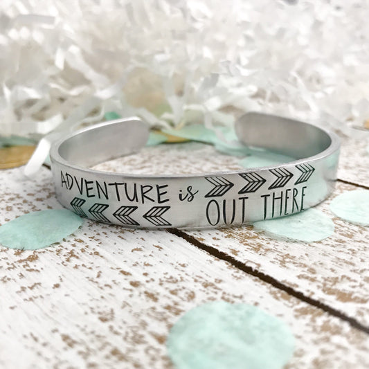 ADVENTURE is out there--Adventure bracelet--Motivational bracelet--encouragement gift--Gift for Her--Hand stamped skinny silver cuff