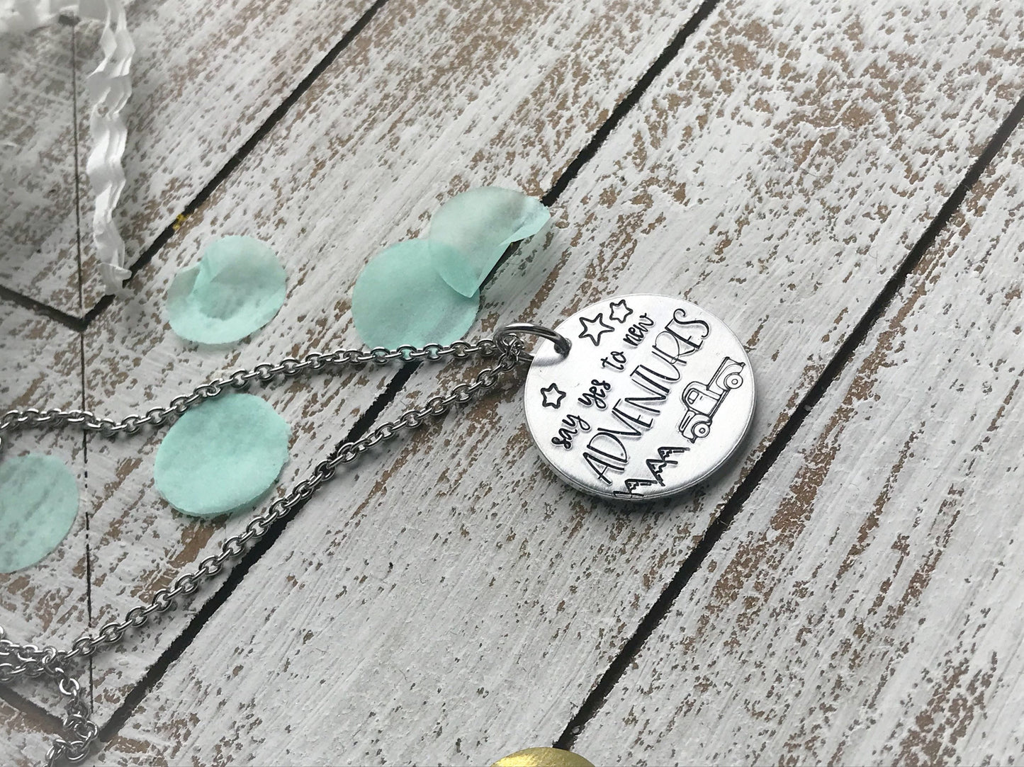 Say yes to new ADVENTURES necklace--hand stamped--mountain jewelry--outdoor--adventure--encouragement--inspirational--friend gift