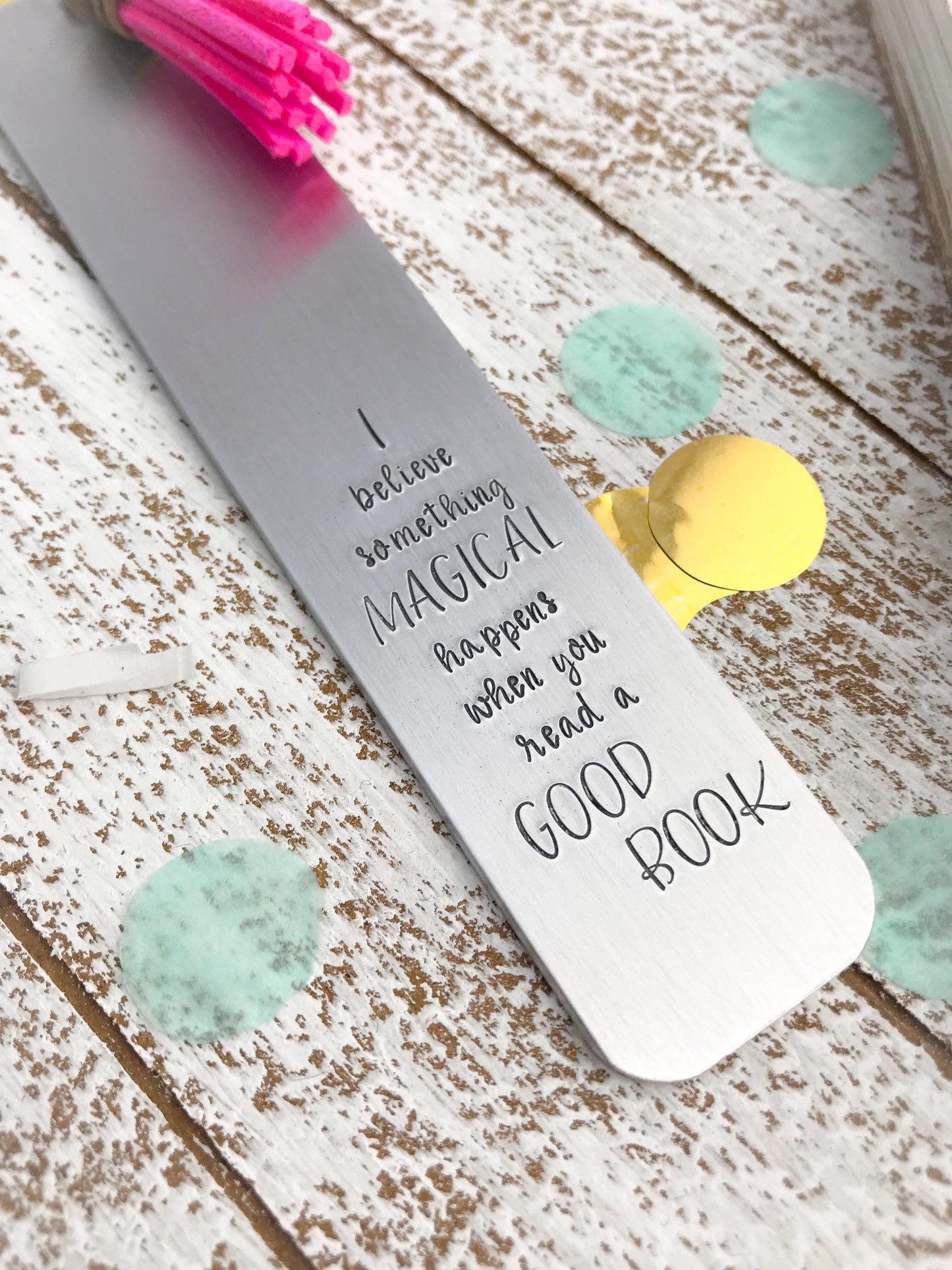Hand stamped metal bookmark--I believe something magical happens when you read a good book--graduation gift--book accessory--book worm gift