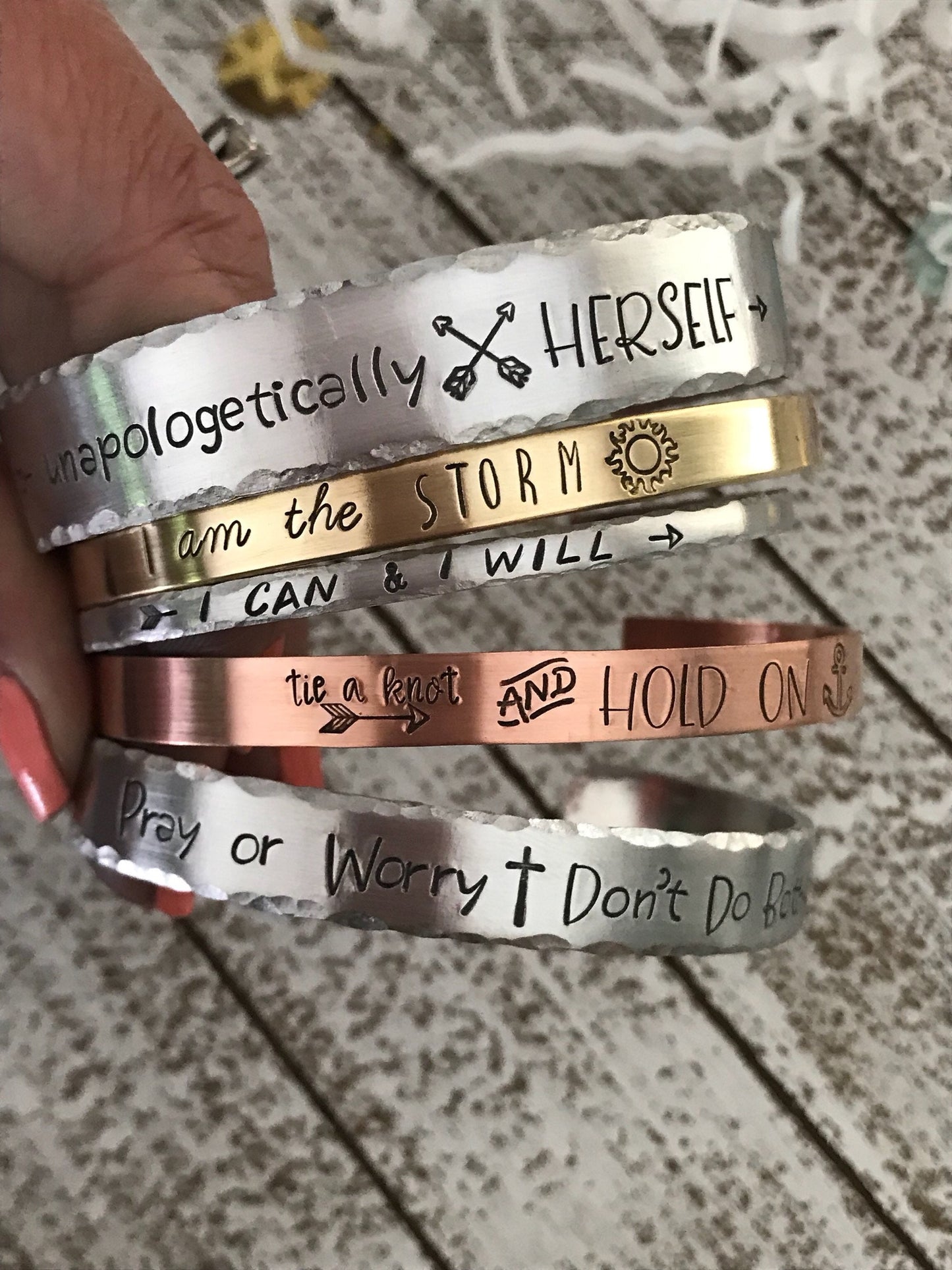 Breast cancer bracelet/hand stamped skinny silver cuff--friend gift/strong woman/ encouragement gift/mantra/breast cancer--survivor jewelry