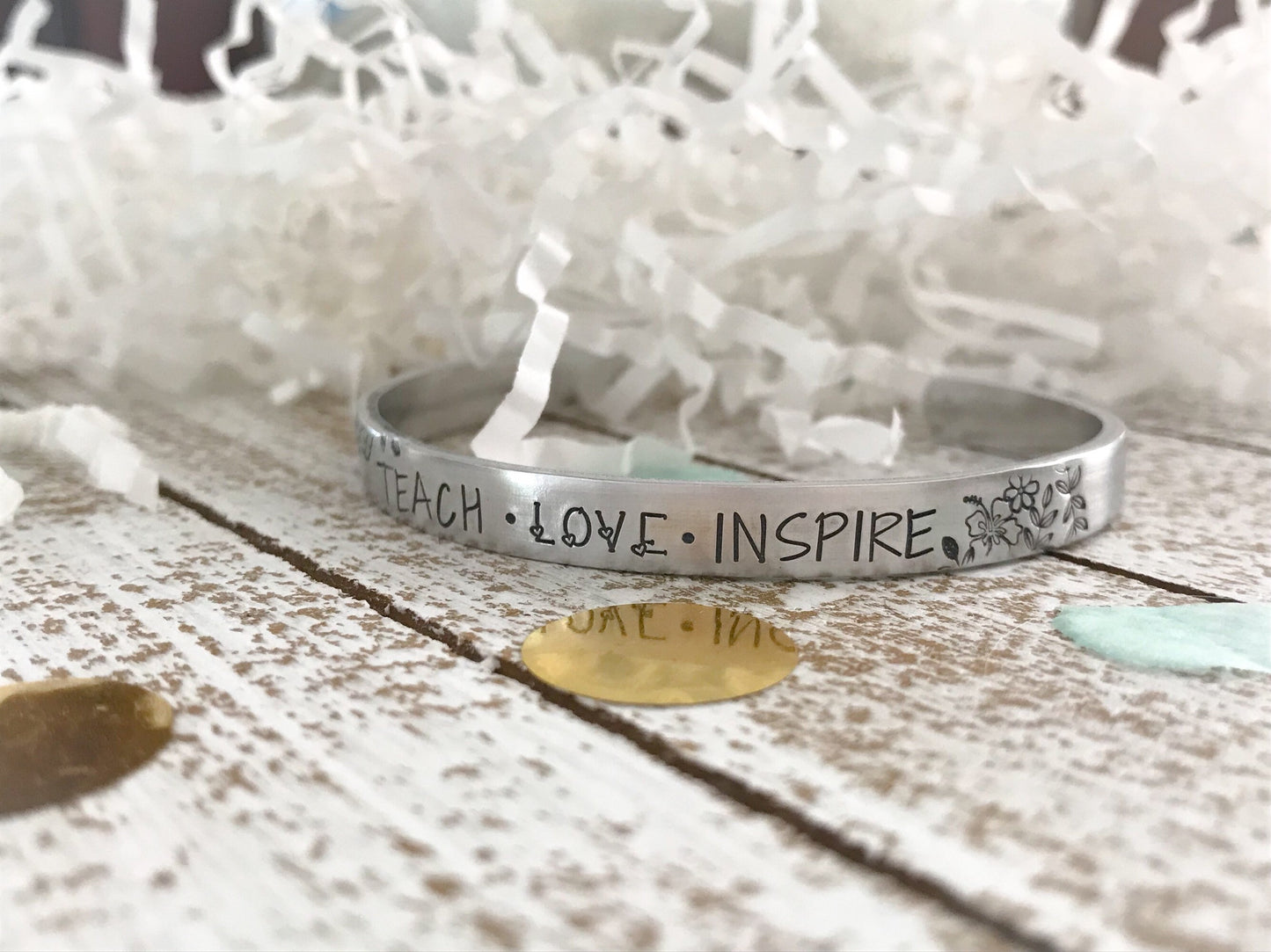 Teacher gift--teach. Love. Inspire--hand stamped skinny silver cuff bracelet--friend gift--teacher jewelry--christmas gift--teacher bracelet