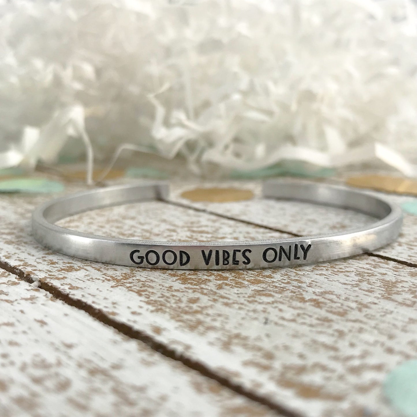 Good vibes only--skinny silver cuff bracelet--hand stamped--friend gift--customizable--christmas gift--motivational jewelry