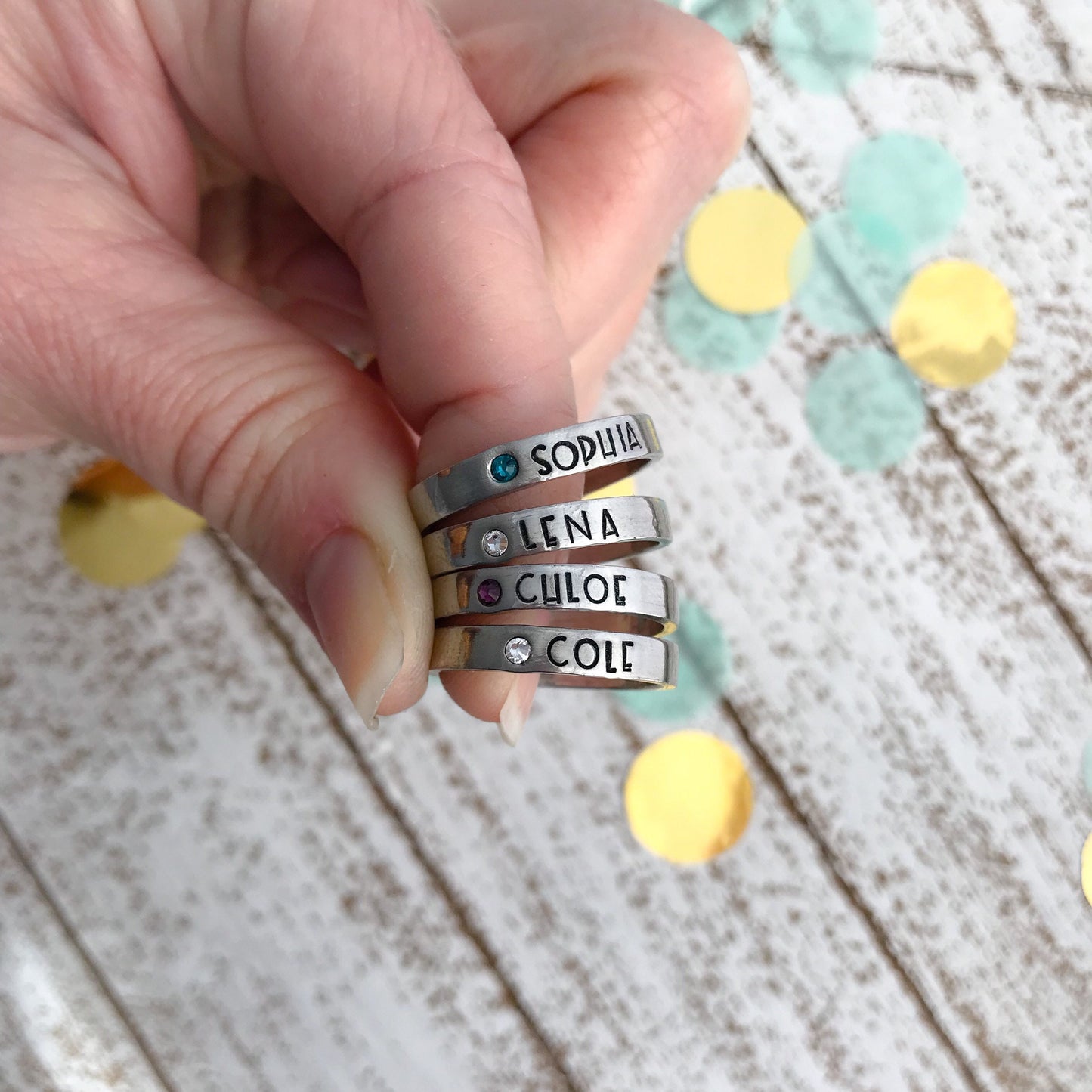Birthstone ring--Mothers stacking ring--Pewter name ring