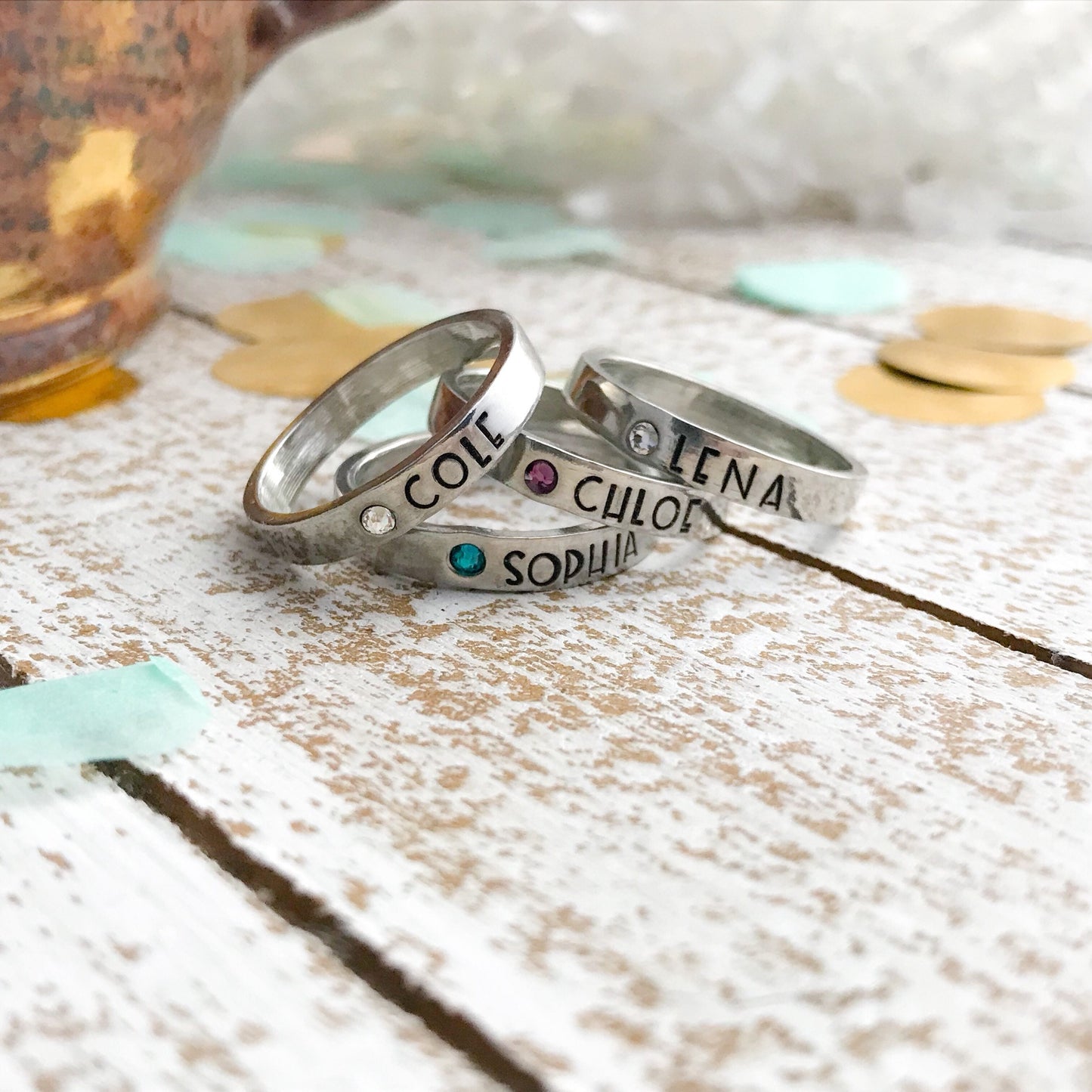 Birthstone ring--Mothers stacking ring--Pewter name ring