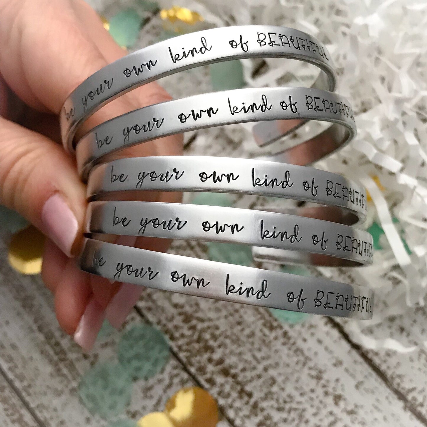 Be your own kind of beautiful bracelet--strong woman--inspirational jewelry--birthday gift--friend gift--hand stamped--skinny silver--mantra