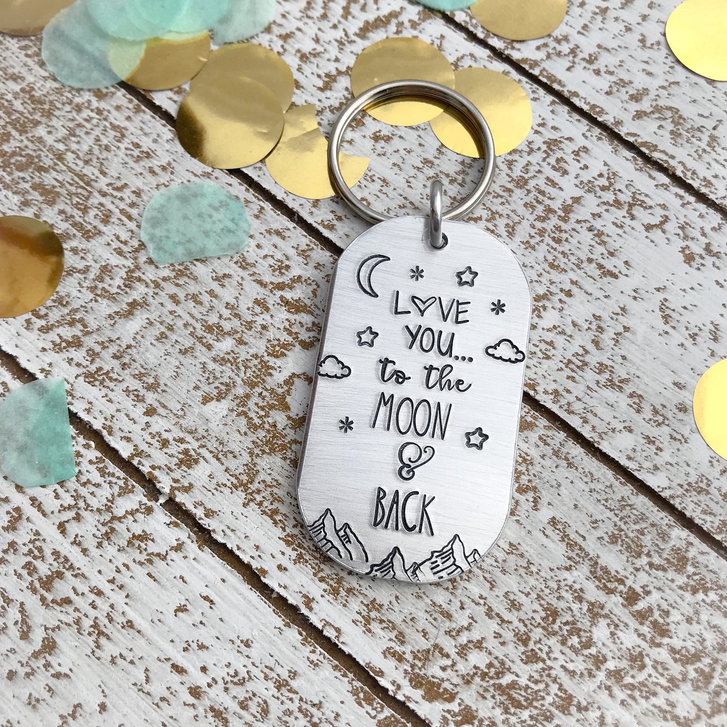 LOVE YOU to the Moon and Back keychain--handstamped keychain--friend gift--christmas gift--valentines gift--anniversary gift--boyfriend gift