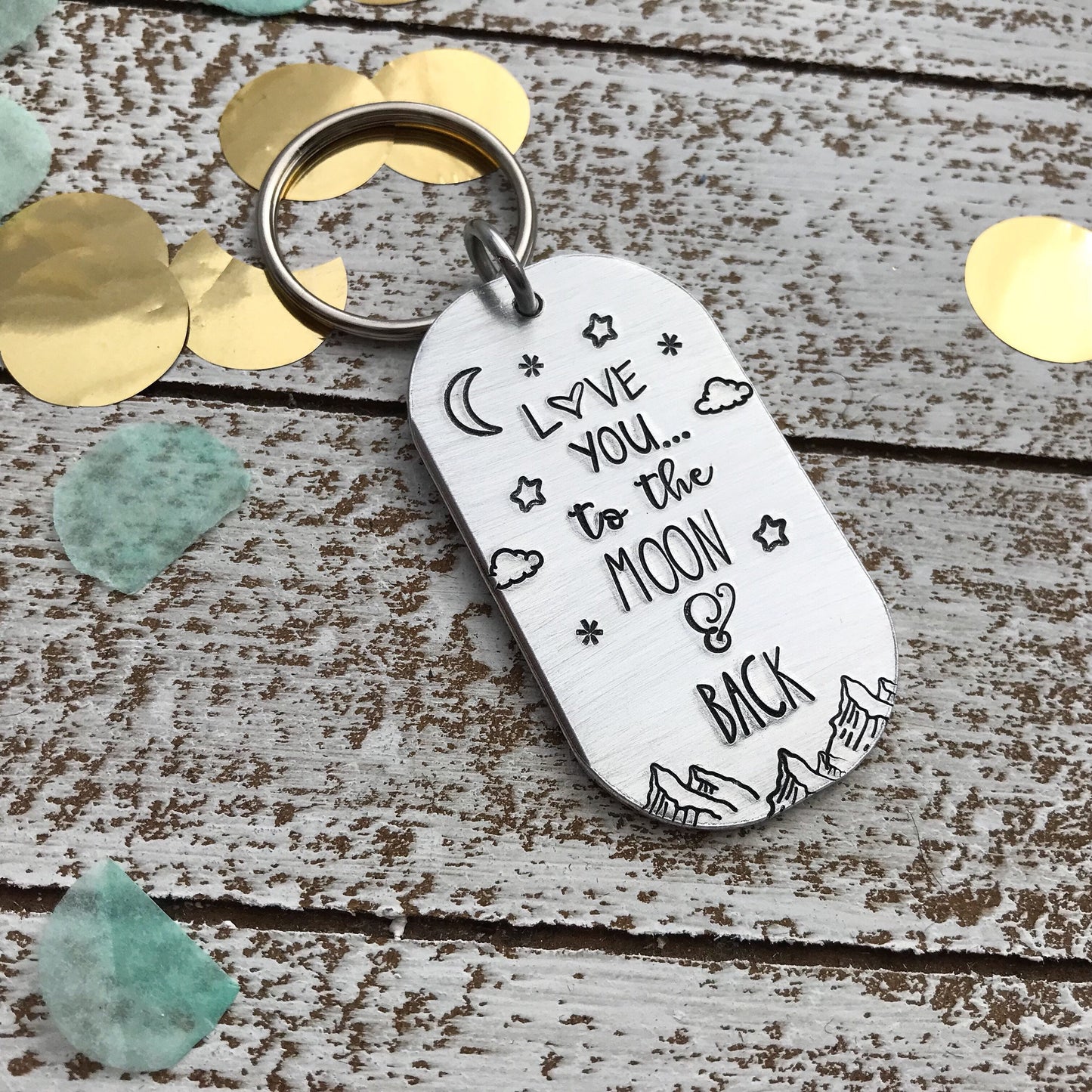 LOVE YOU to the Moon and Back keychain--handstamped keychain--friend gift--christmas gift--valentines gift--anniversary gift--boyfriend gift