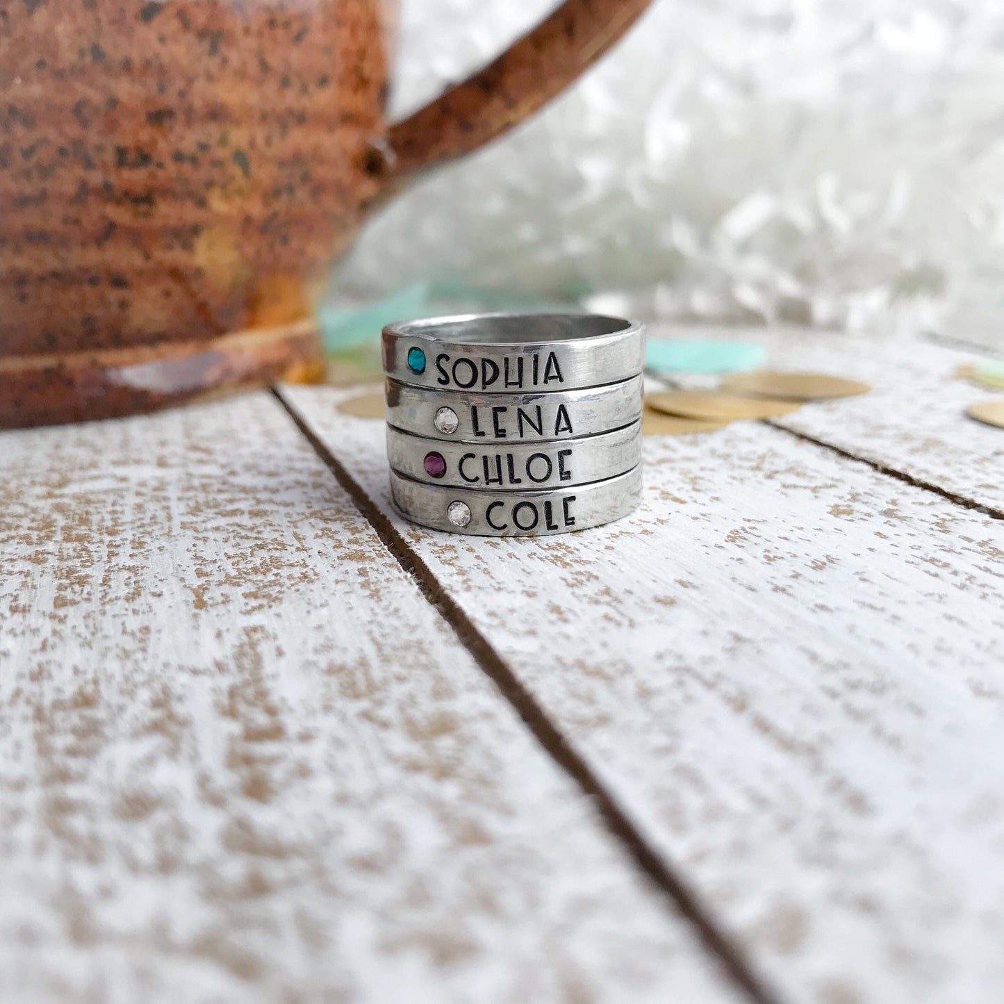 Birthstone ring--Mothers stacking ring--Pewter name ring