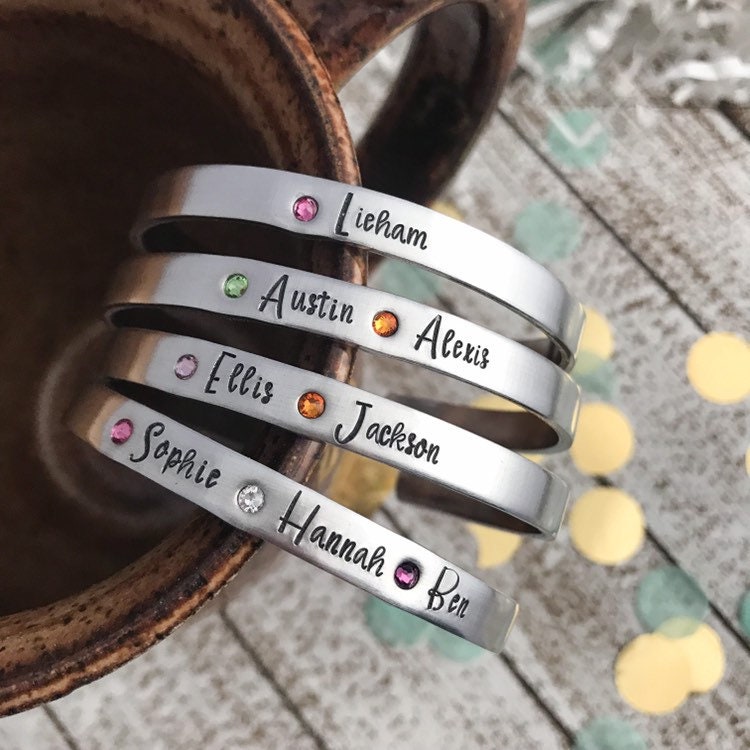 Personalized birthstone bracelet--kids name bracelet--kids name jewelry--birthstone cuff bracelet--mothers day gift--gift for her