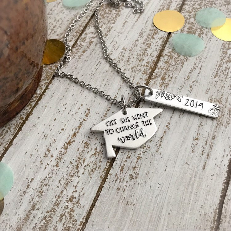 Off she went to change the world--class of 2019--graduation 2019--graduation gift--graduation necklace--gift for grad