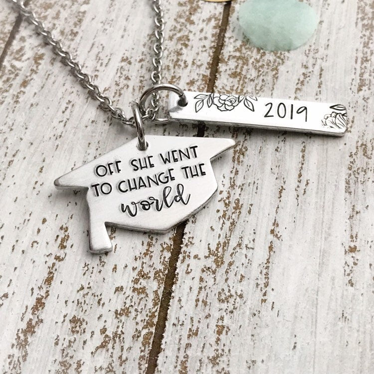 Off she went to change the world--class of 2019--graduation 2019--graduation gift--graduation necklace--gift for grad