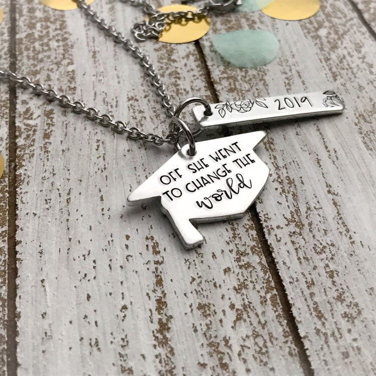 Off she went to change the world--class of 2019--graduation 2019--graduation gift--graduation necklace--gift for grad