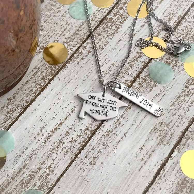 Off she went to change the world--class of 2019--graduation 2019--graduation gift--graduation necklace--gift for grad