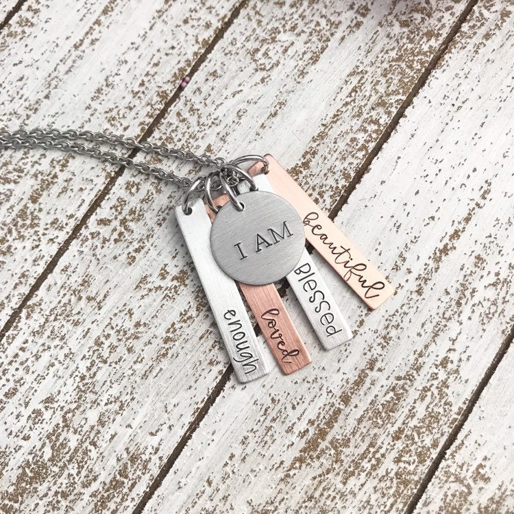 I am enough. I am beautiful. I am blessed. I am loved--quote necklace--i am jewelry--motivational jewelry--encouragement gift--mixed metal