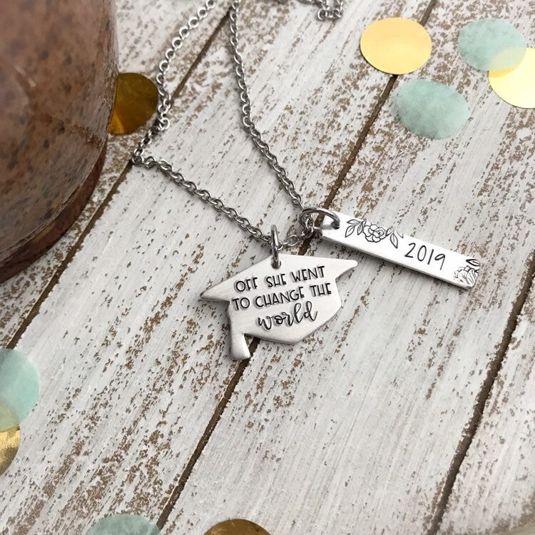 Off she went to change the world--class of 2019--graduation 2019--graduation gift--graduation necklace--gift for grad