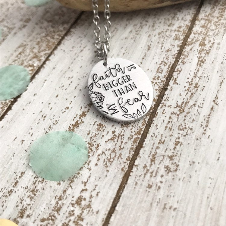Faith is bigger than my fear necklace--faith jewelry--christian jewelry--religious jewelry--faith necklace--hand stamped gift