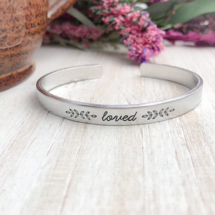 LOVED hand stamped cuff bracelet--loved bracelet--Gift for Her--skinny silver mantra bracelet--christmas gift--birthday gift