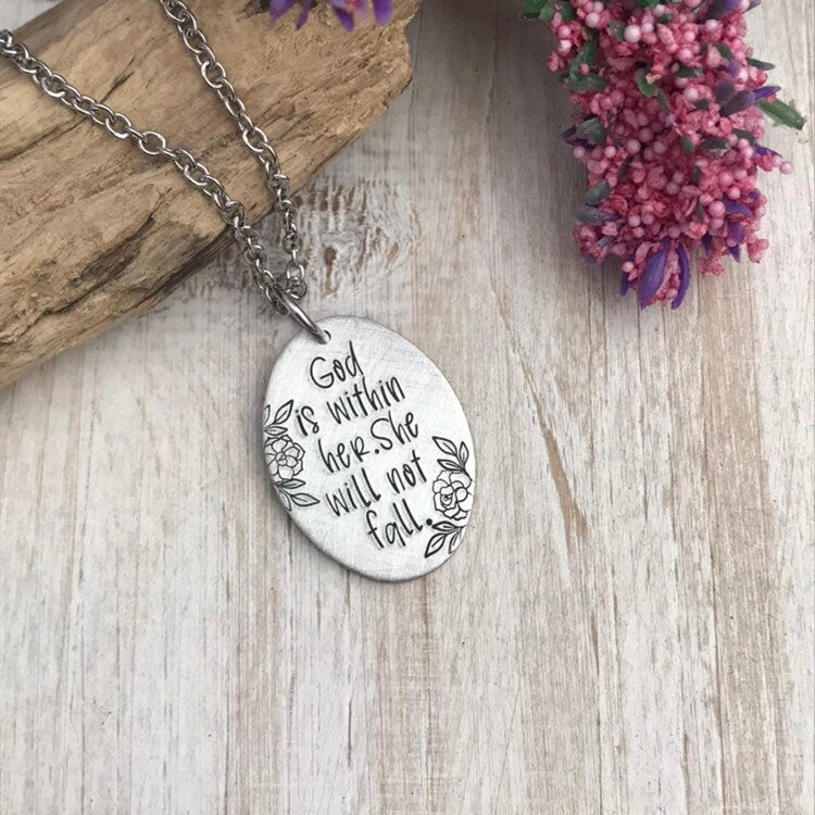God is within her. She will not fall necklace--encouragement gift--religious jewelry--hand stamped necklace