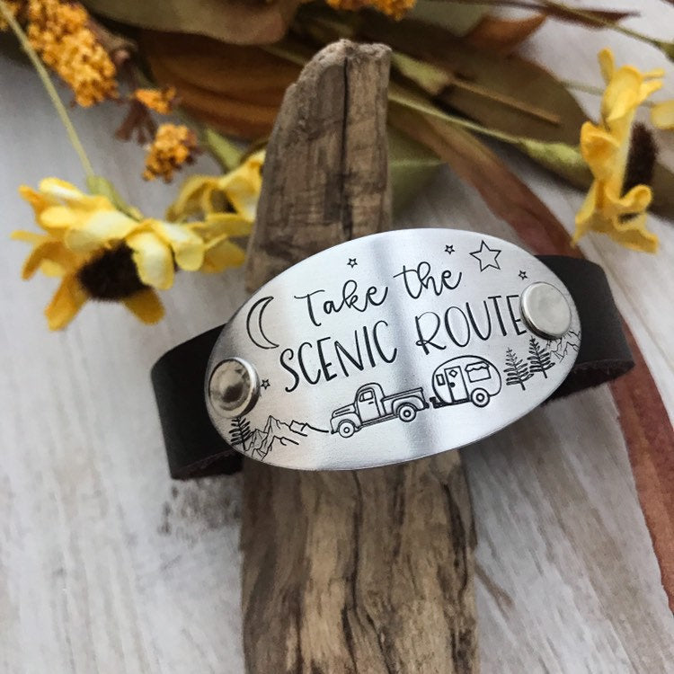 Take the SCENIC ROUTE leather cuff bracelet--explorer gift--mountain jewelry-- adjustable leather bracelet--adventure jewelry--mountain