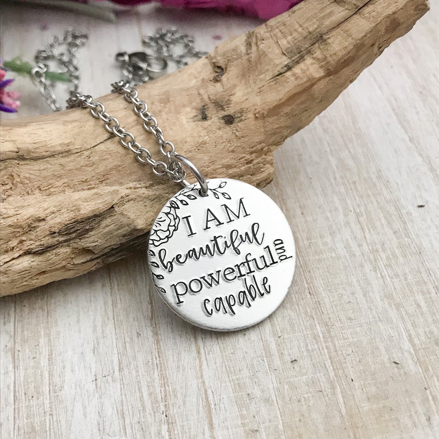 I am beautiful, powerful, and capable hand stamped necklace—Feminist Necklace—Strong Woman Jewelry