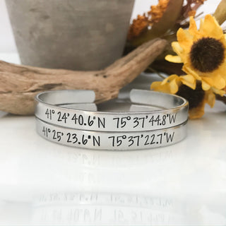 Coordinate bracelet--coordinates jewelry--location bracelet--hand stamped cuff bracelet--skinny silver