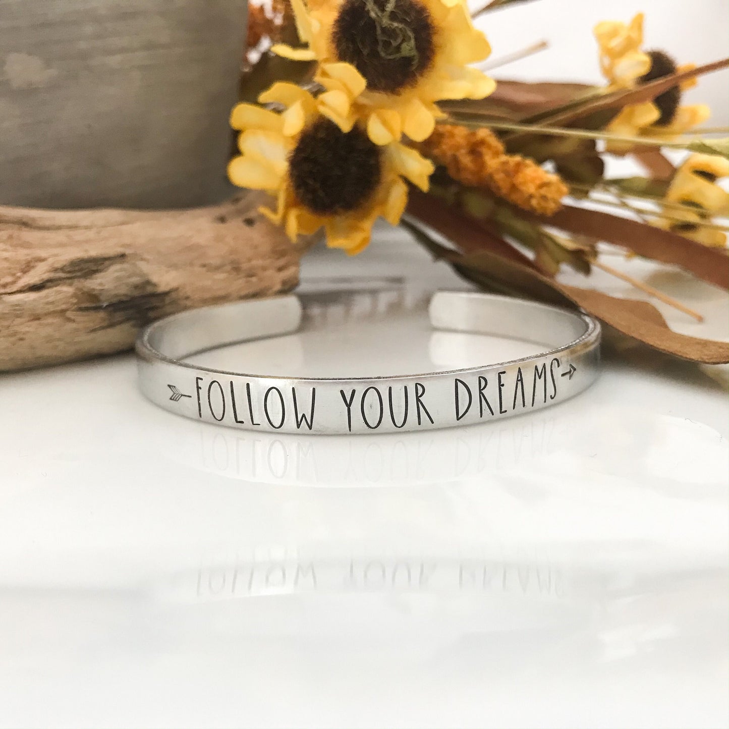FOLLOW YOUR DREAMS cuff bracelet--hand stamped-skinny silver-mantra cuff bracelet-dream big-motivational jewelry-friend gift-Christmas gift