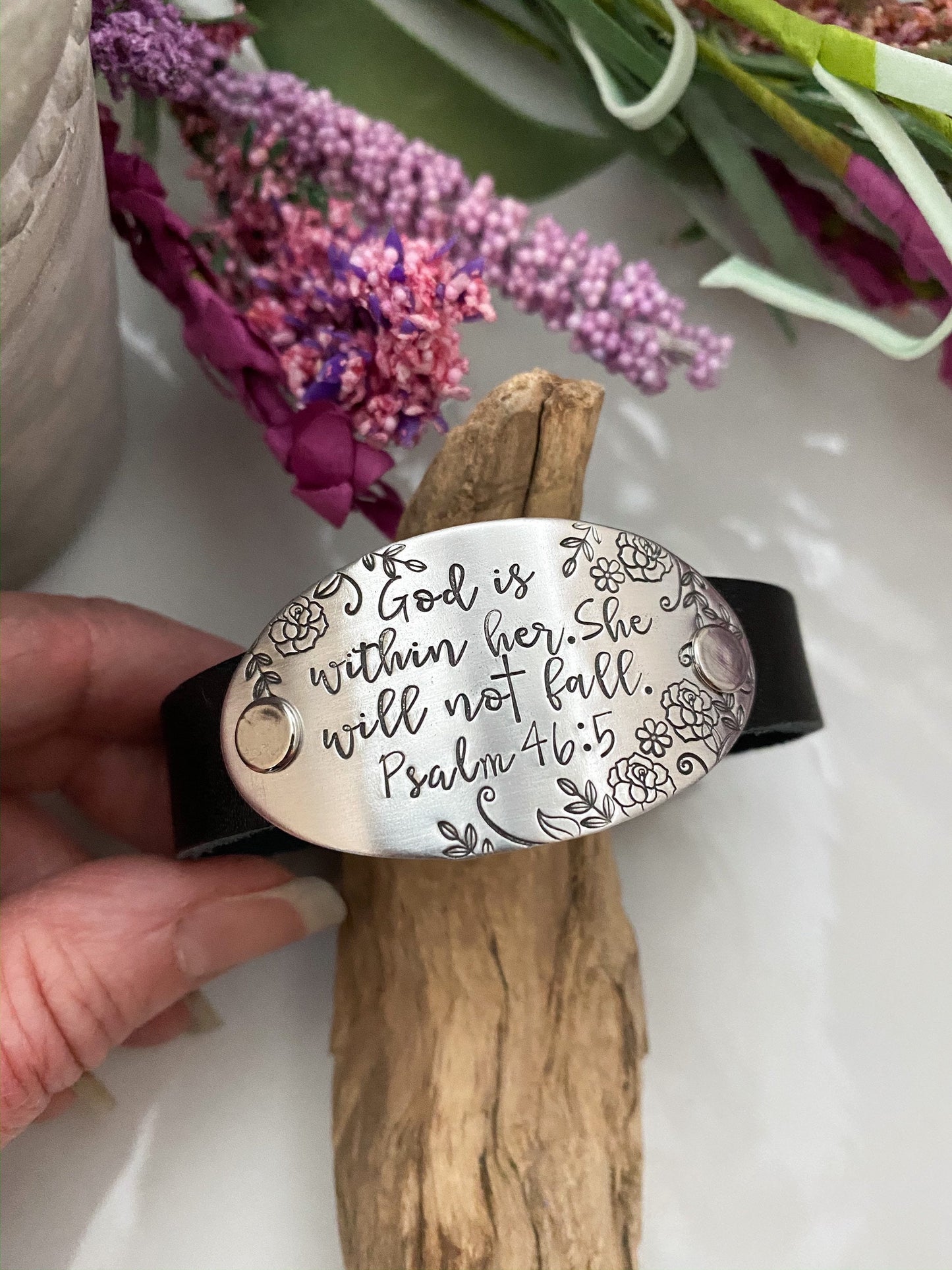 God is within her, she will not fall bracelet--Psalm 46:5 Jewelry--Leather Cuff Bracelet