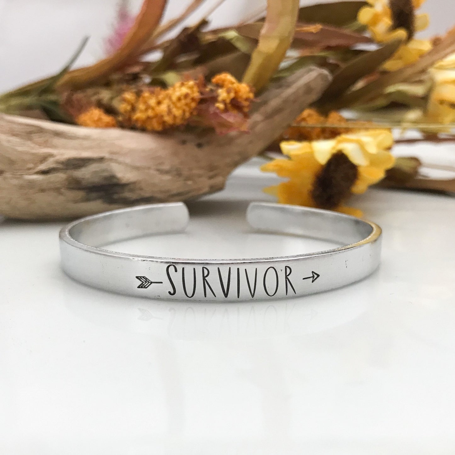 Breast cancer bracelet/hand stamped skinny silver cuff--friend gift/strong woman/ encouragement gift/mantra/breast cancer--survivor jewelry