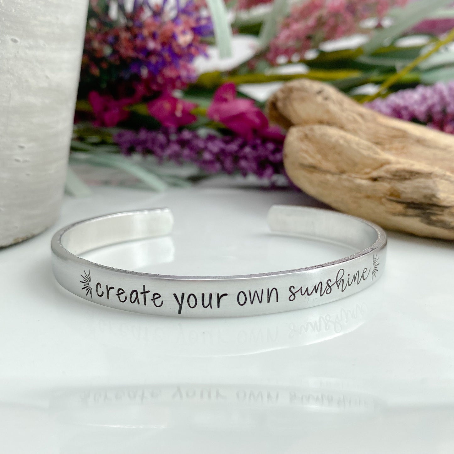 Create your own sunshine--hand stamped bracelet--encouragement cuff bracelet--motivational gift--sunshine bracelet--be a light--