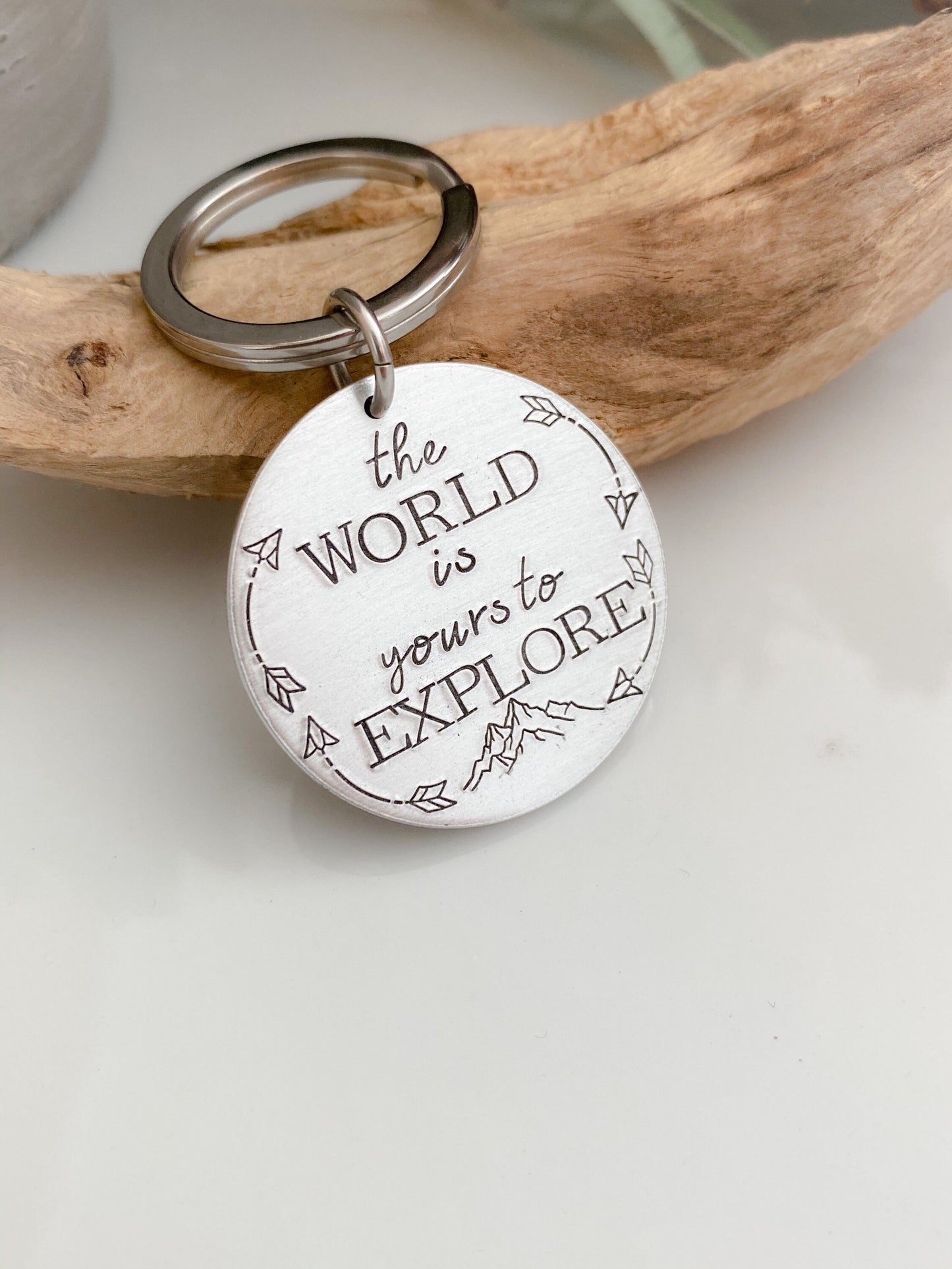 The World is Yours to Explore Keychain--New Driver--Graduation Gift--Mountain Keychain--Hand Stamped Key Chain--World Traveler Gift