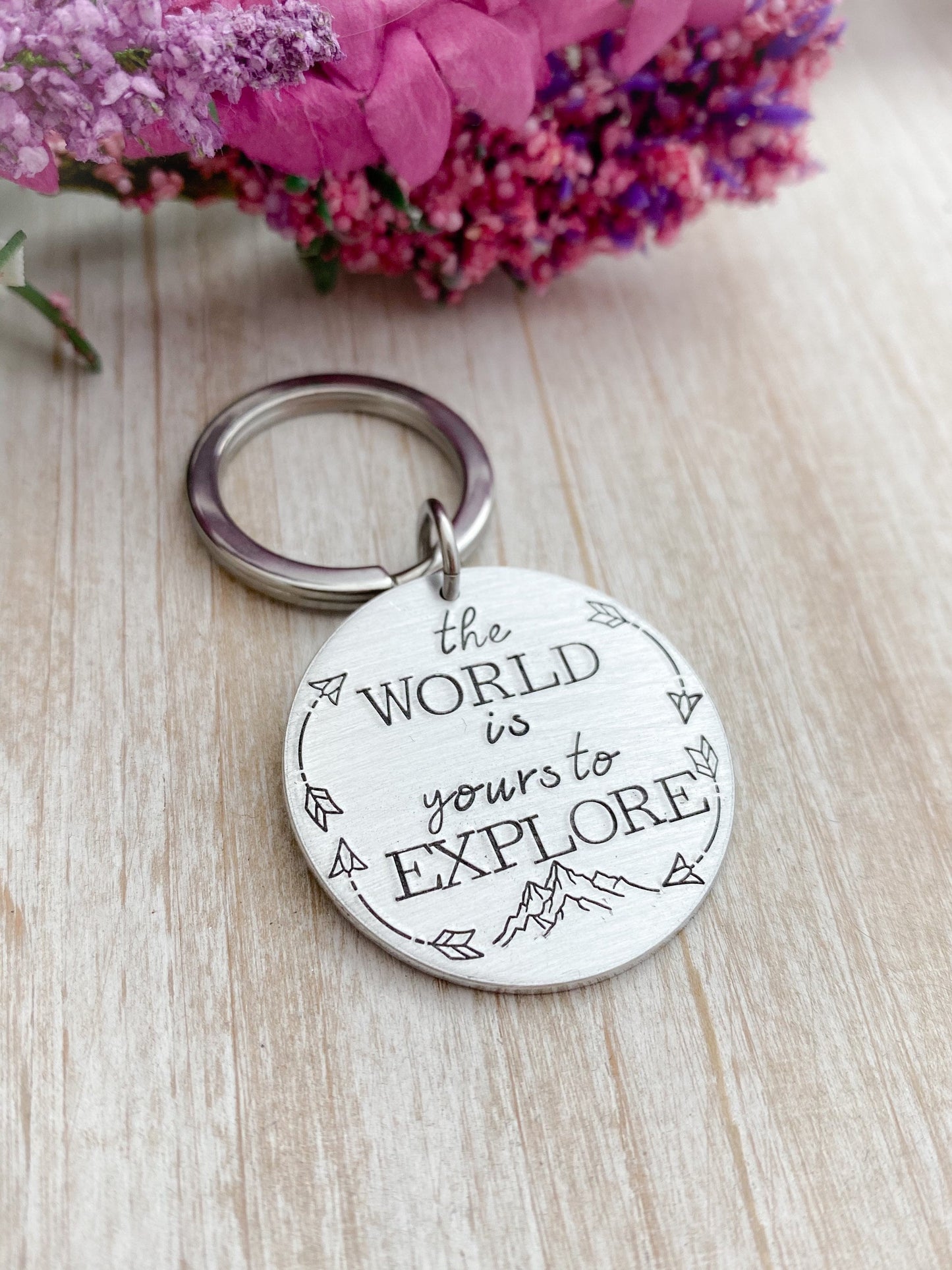 The World is Yours to Explore Keychain--New Driver--Graduation Gift--Mountain Keychain--Hand Stamped Key Chain--World Traveler Gift