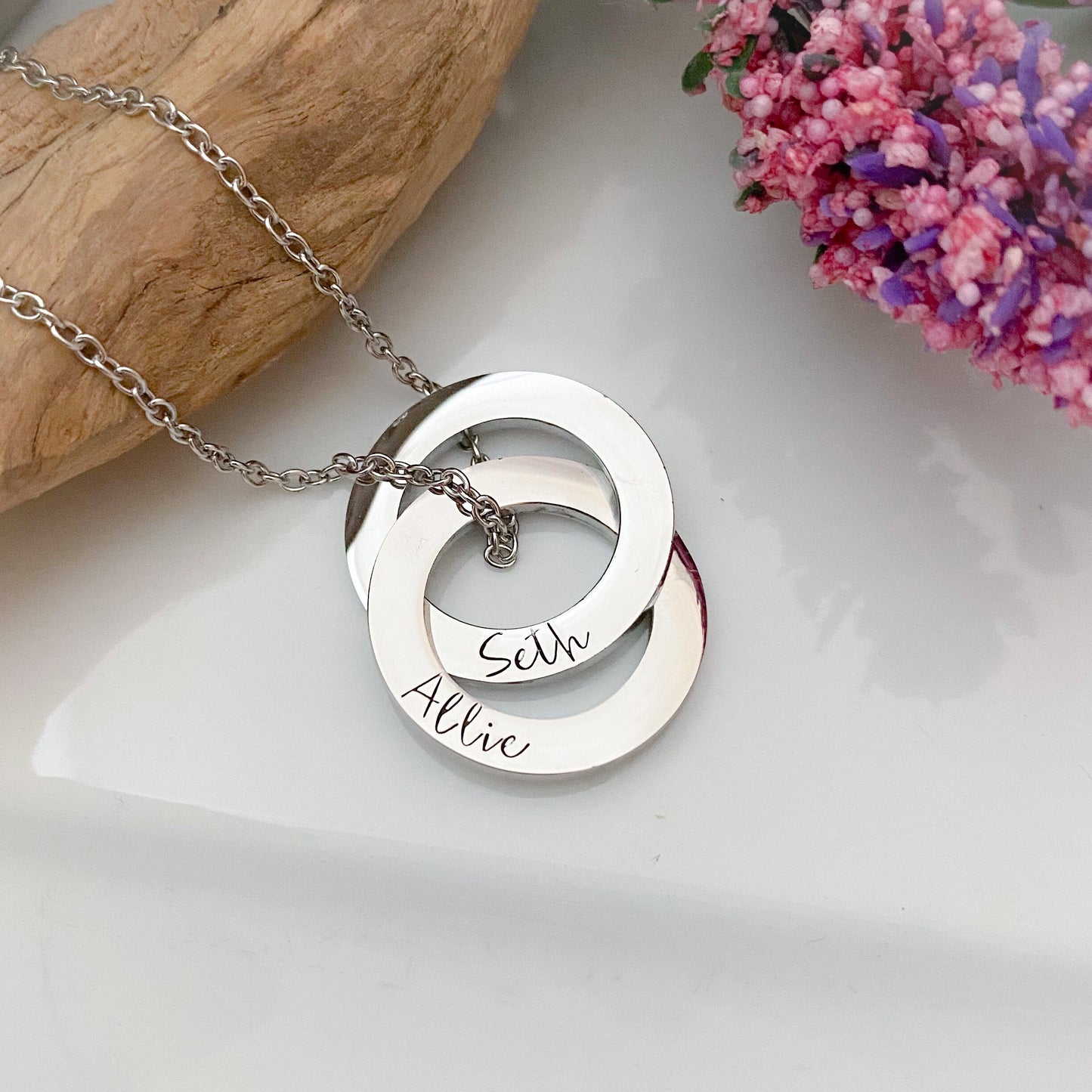 2 Ring necklace--Mothers Name Necklace--Interlocking Ring Necklace
