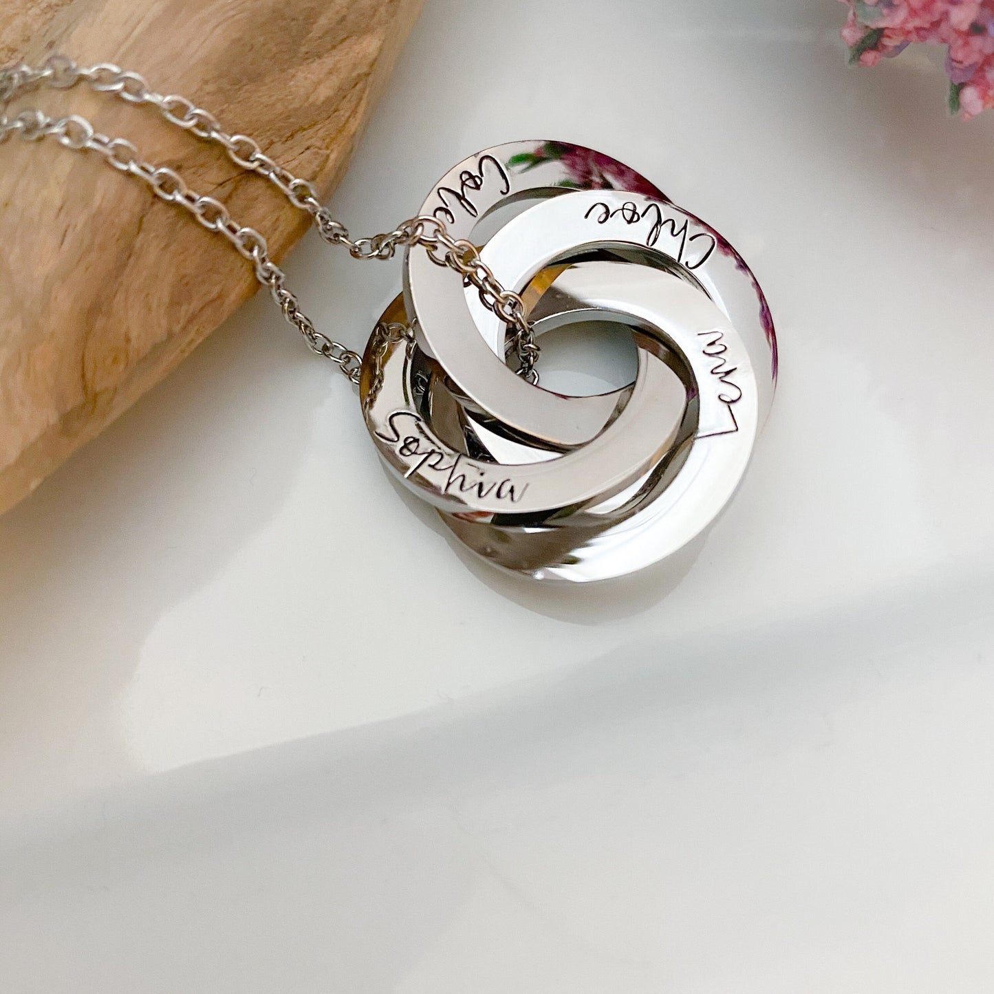 4 Ring necklace--Mothers Name Necklace--Interlocking Ring Necklace