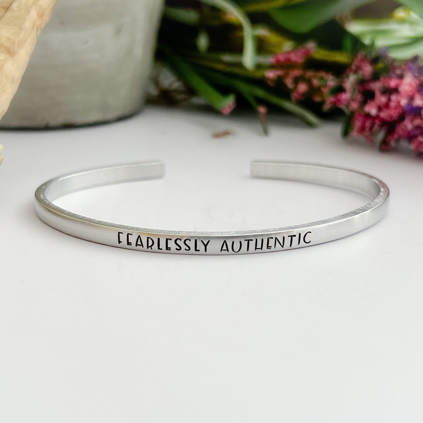 fearlessly authentic--strong woman--inspirational jewelry--birthday gift--friend gift--religious--hand stamped--skinny silver cuff